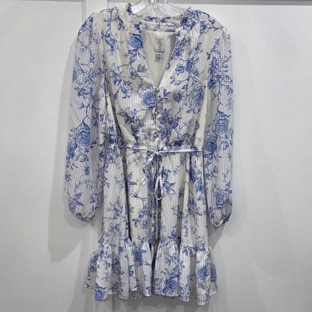 Joie White and Blue Floral Tie-Waist Long Sleeve Dress